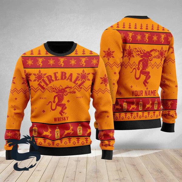 Personalized Fireball Whisky Ugly Christmas Sweater, Fireball Whisky Logo Print Christmas Ugly Sweater, Fireball Whisky Xmas Crew Neck Ugly Sweater