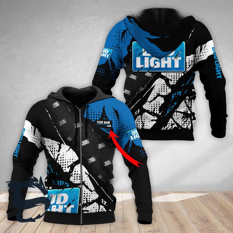 Personalized Blue Halftone Bud Light 3D Printed Hoodie, Bud Light Aop Pullover Hooded Sweatshirt, Bud Light Logo 3D Printed Unisex Zip Hoodie