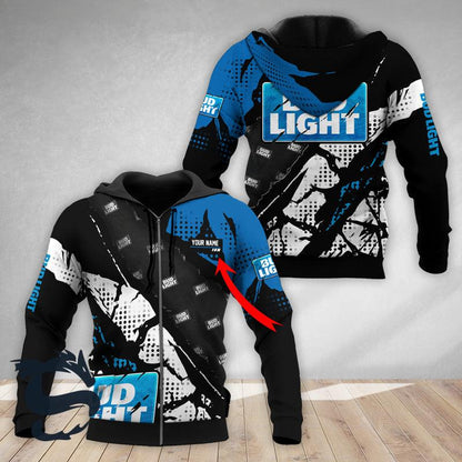 Personalized Blue Halftone Bud Light 3D Printed Hoodie, Bud Light Aop Pullover Hooded Sweatshirt, Bud Light Logo 3D Printed Unisex Zip Hoodie