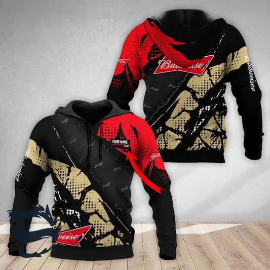 Personalized Red Halftone Budweiser 3d Printed Hoodie, Budweiser Aop Pullover Hooded Sweatshirt, Budweiser Logo 3d Printed Unisex Zip Hoodie