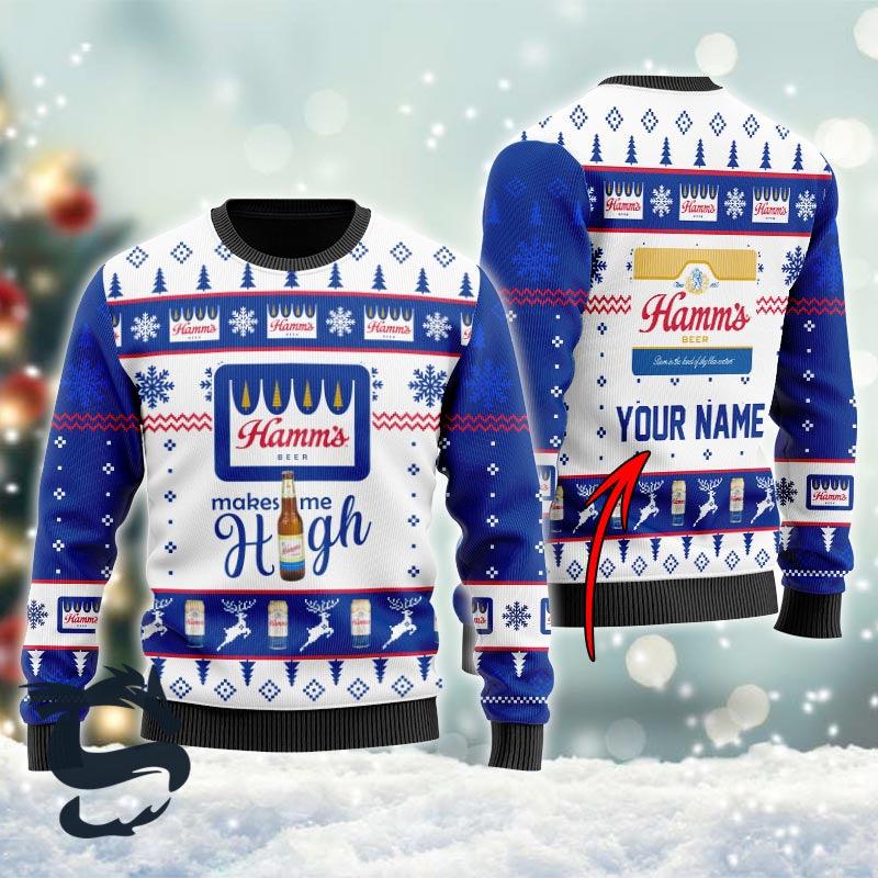 Personalized Hamm's Beer Makes Me High Ugly Christmas Sweater, Hamm's Beer Christmas Ugly Sweater, Hamm's Beer All-over Printed Crew Neck Ugly Sweater