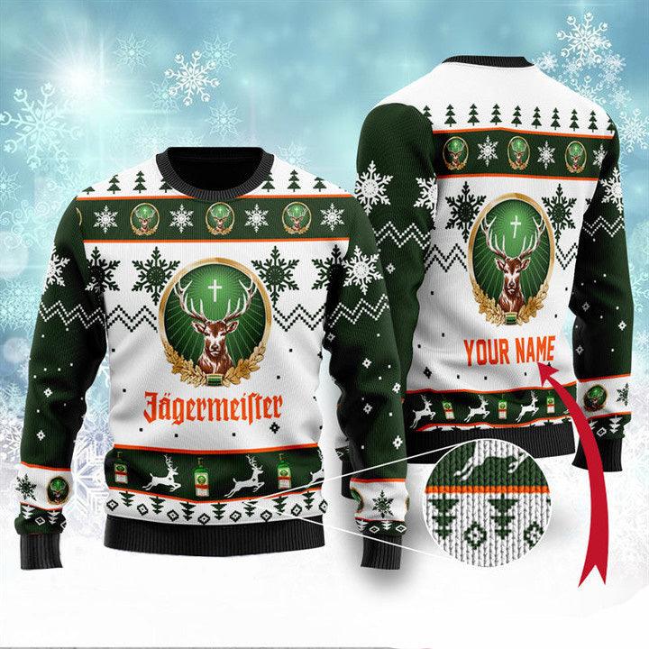 Personalized Jagermeister Liqueur Ugly Christmas Sweater, Jagermeister Lovers Christmas Ugly Sweater, Jagermeister Logo Print Crew Neck Ugly Sweaters