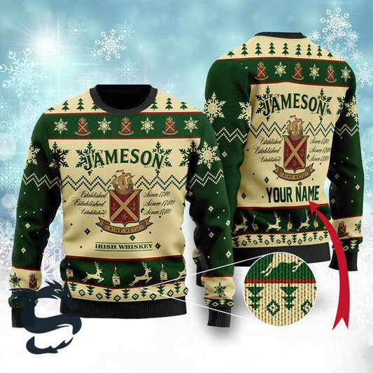 Personalized Jameson Irish Whiskey Ugly Christmas Sweater, Jameson Irish Whiskey Christmas Ugly Sweater, Jameson Logo Printed Crew Neck Ugly Sweater