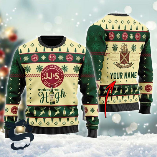 Personalized Jameson Makes Me High Green Ugly Christmas Sweater, Jameson Whiskey Ugly Christmas Sweater, Jameson Crewneck Knitted Ugly Sweater