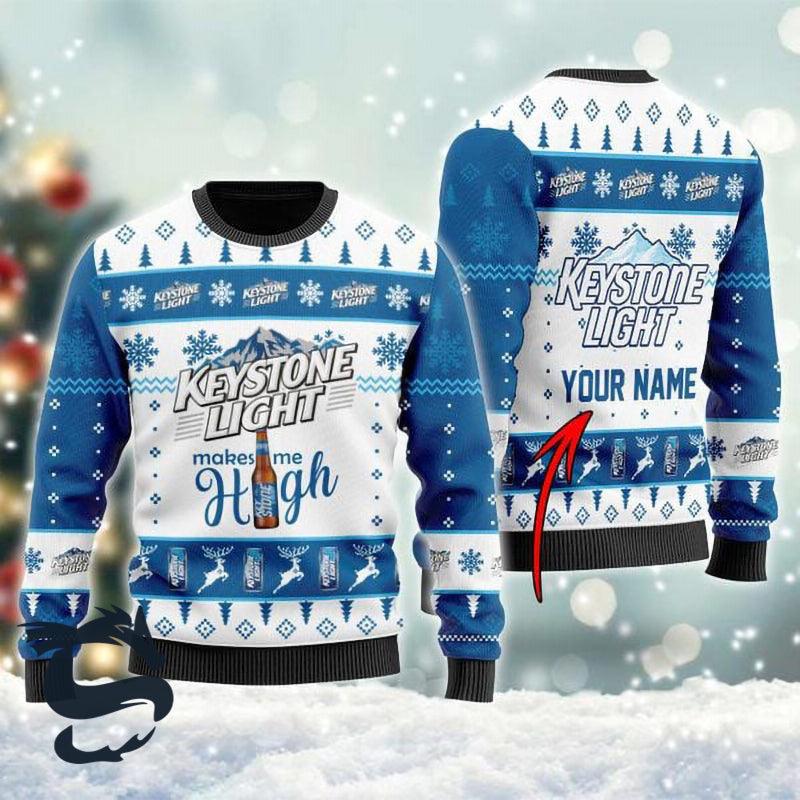 Personalized Keystone Light Makes Me High Blue Ugly Sweater, Keystone Light Ugly Christmas Sweater, Keystone Light Crewneck Knitted Ugly Sweater