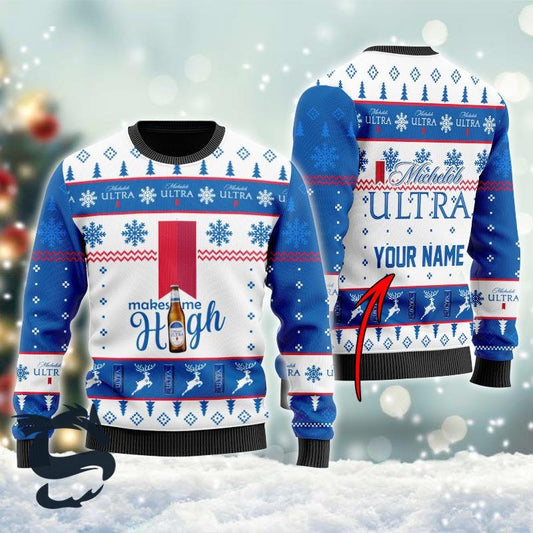 Personalized Michelob Ultra Makes Me High Blue Ugly Sweater, Michelob Ultra Ugly Christmas Sweater, Michelob Ultra Crewneck Knitted Ugly Sweater