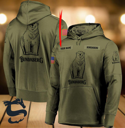 Personalized Military Green Bundaberg Logo 3d Print Hoodie, Bundaberg Camo Green Pullover Hooded Sweatshirt, Bundaberg Logo 3d Unisex Zip Hoodie