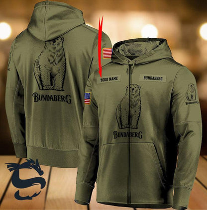 Personalized Military Green Bundaberg Logo 3D Print Hoodie, Bundaberg Camo Green Pullover Hooded Sweatshirt, Bundaberg Logo 3D Unisex Zip Hoodie