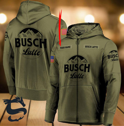 Personalized Military Green Busch Latte Logo 3D Print Hoodie, Busch Latte Camo Green Pullover Hooded Sweatshirt, Busch Latte 3D Unisex Zip Hoodie