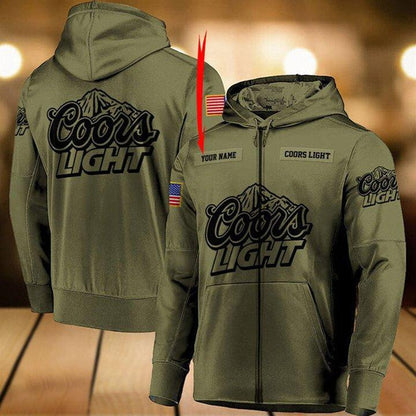Personalized Military Green Coors Light 3D Hoodie, Coors Light Camo Green Pullover Hooded Sweatshirts, Coors Light Beer Logo 3D Printed Hoodies