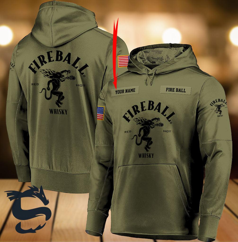 Personalized Military Green Fireball Whisky 3d Hoodie, Fireball Whisky Camo Green Pullover Hooded Sweatshirt, Fireball Whisky Logo Printed Hoodie