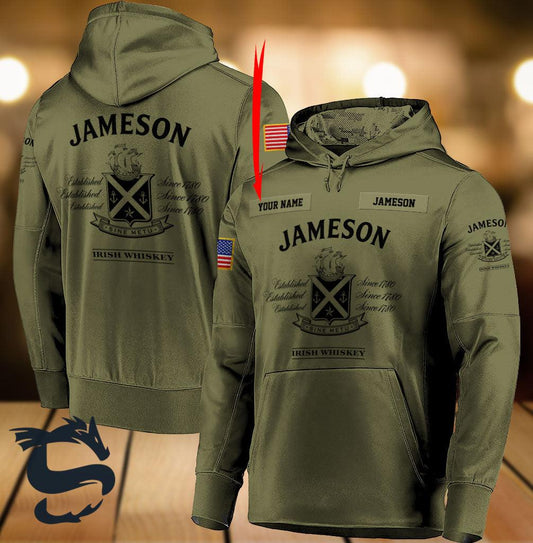 Personalized Military Green Jameson Whiskey 3d Hoodie, Jameson Camo Green Pullover Hooded Sweatshirt, Jameson Whiskey Logo Printed 3d Zip Hoodie
