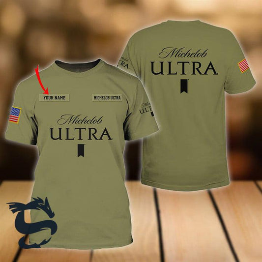 Personalized Military Green Michelob Ultra T-shirt, Michelob Ultra Logo Camo Green 3d T-shirt, Michelob Ultra Logo Print T-shirt