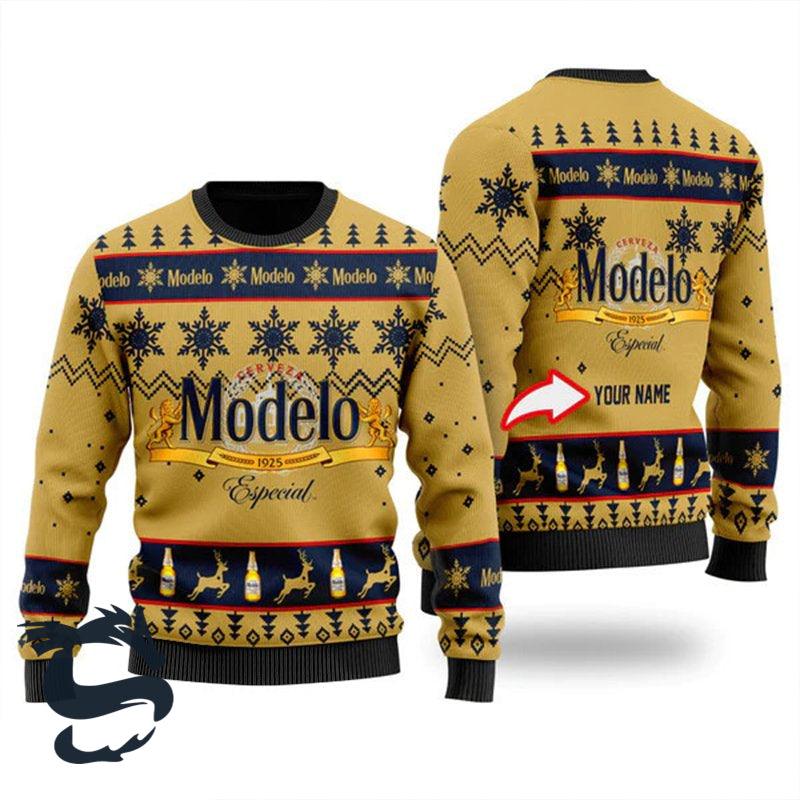 Personalized Modelo Especial Logo Ugly Christmas Sweater, Modelo Especial Beer Aop Ugly Sweater, Modelo Especial Crewneck Knitted Ugly Sweater