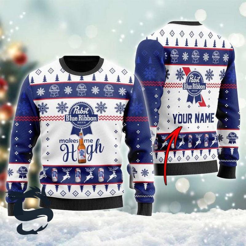 Personalized Pabst Blue Ribbon Christmas Ugly Sweater, Pabst Blue Ribbon Makes Me High Ugly Sweater, Pabst Blue Ribbon Beer Crew Neck Ugly Sweater