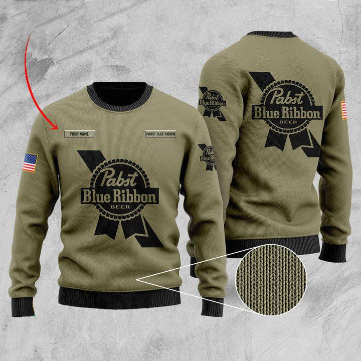 Personalized Pabst Blue Ribbon U.s Army Ugly Sweater, Pabst Blue Ribbon Beer Christmas Ugly Sweaters, Us Pabst Blue Ribbon Logo Crewneck Ugly Sweater