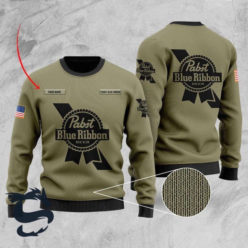 Personalized Military Green Pabst Blue Ribbon Ugly Xmas Sweater, Pbr Beer Logo Camo Green Ugly Sweater, Pbr Beer Crewneck Knitted Ugly Sweater