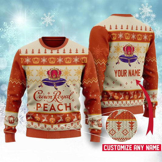 Personalized Peach Crown Royal Ugly Christmas Sweater, Crown Royal Whiskey Lover Ugly Sweater, All Over Print Christmas Crew Neck Ugly Sweater