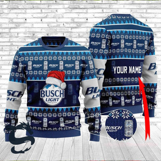 Personalized Santa Hat Busch Light Ugly Christmas Sweater, Busch Light Logo All-over Printed Ugly Sweater, Busch Light Crewneck Knitted Sweater