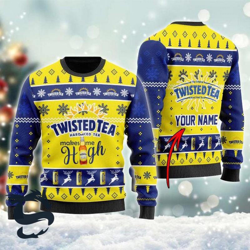 Personalized Twisted Tea Ugly Christmas Sweater, Twisted Tea Makes Me High Ugly Sweater, Twisted Tea All Over Printed Holiday Crew Neck Ugly Sweater