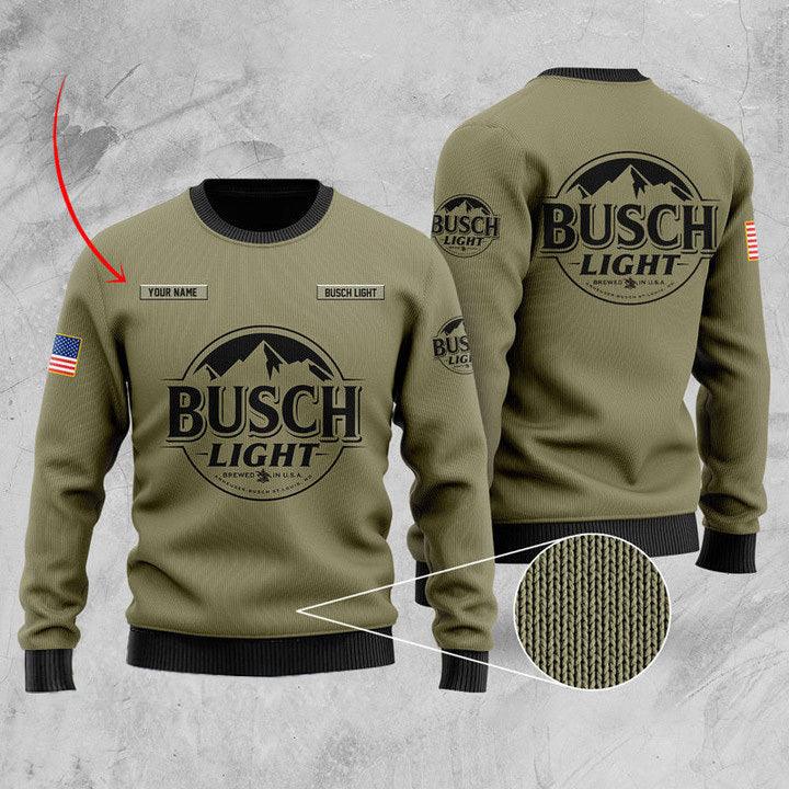 Personalized Busch Light U.s Army Ugly Sweater, Busch Light Beer Army Green Color Ugly Sweaters, Us Busch Light Logo Printed Crewneck Ugly Sweater