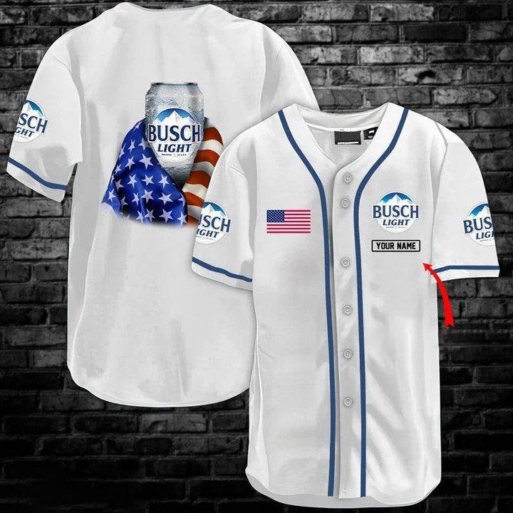 Personalized White Usa Flag Busch Light Baseball Jersey Shirt, Busch Light Beer 3d Printed Baseball Jersey, Busch Light Unisex Baseball Jersey