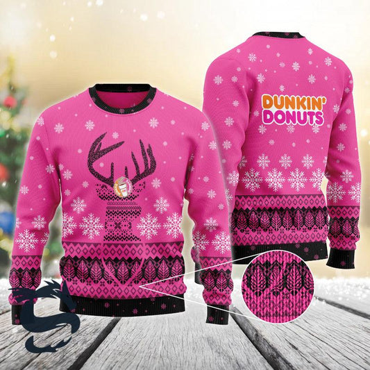 Pink Dunkin' Donuts Reindeer Snowy Ugly Christmas Sweater, Dunkin' Donuts Christmas Ugly Sweater, Dunkin' Donuts Snowflakes Xmas Crewneck Ugly Sweater