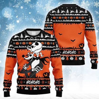 Pumpkin Jack Skellington With Zero Ugly Sweater, Halloween Jack Skellington All-over Printed Ugly Sweater, Horror Holiday Crew Neck Ugly Sweater