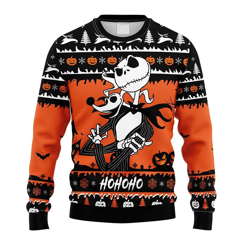 Pumpkin Jack Skellington With Zero Ugly Sweater, Halloween Jack Skellington All-over Printed Ugly Sweater, Horror Holiday Crew Neck Ugly Sweater