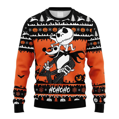 Pumpkin Jack Skellington With Zero Ugly Sweater, Halloween Jack Skellington All-over Printed Ugly Sweater, Horror Holiday Crew Neck Ugly Sweater