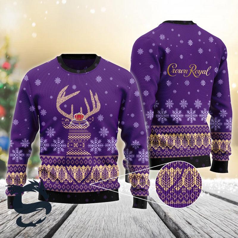 Purple Crown Royal Reindeer Snowy Christmas Ugly Sweater, Crown Royal Whisky Christmas Ugly Sweater, Crown Royal Christmas Aop Crew Neck Sweater