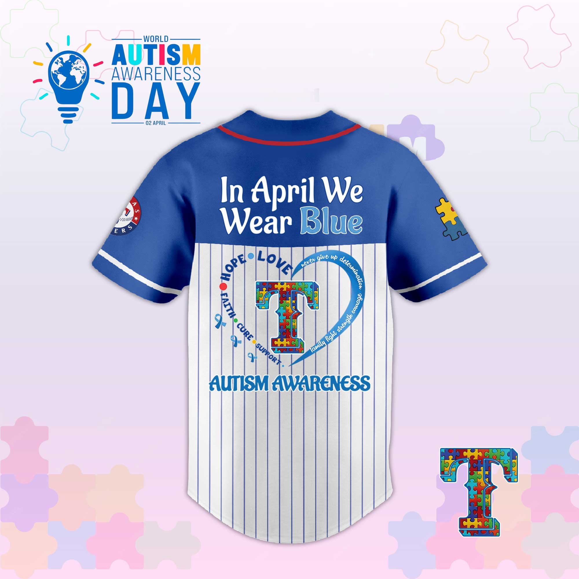 T.Rangers In April We Wear Blue Autism Baseball Jersey.