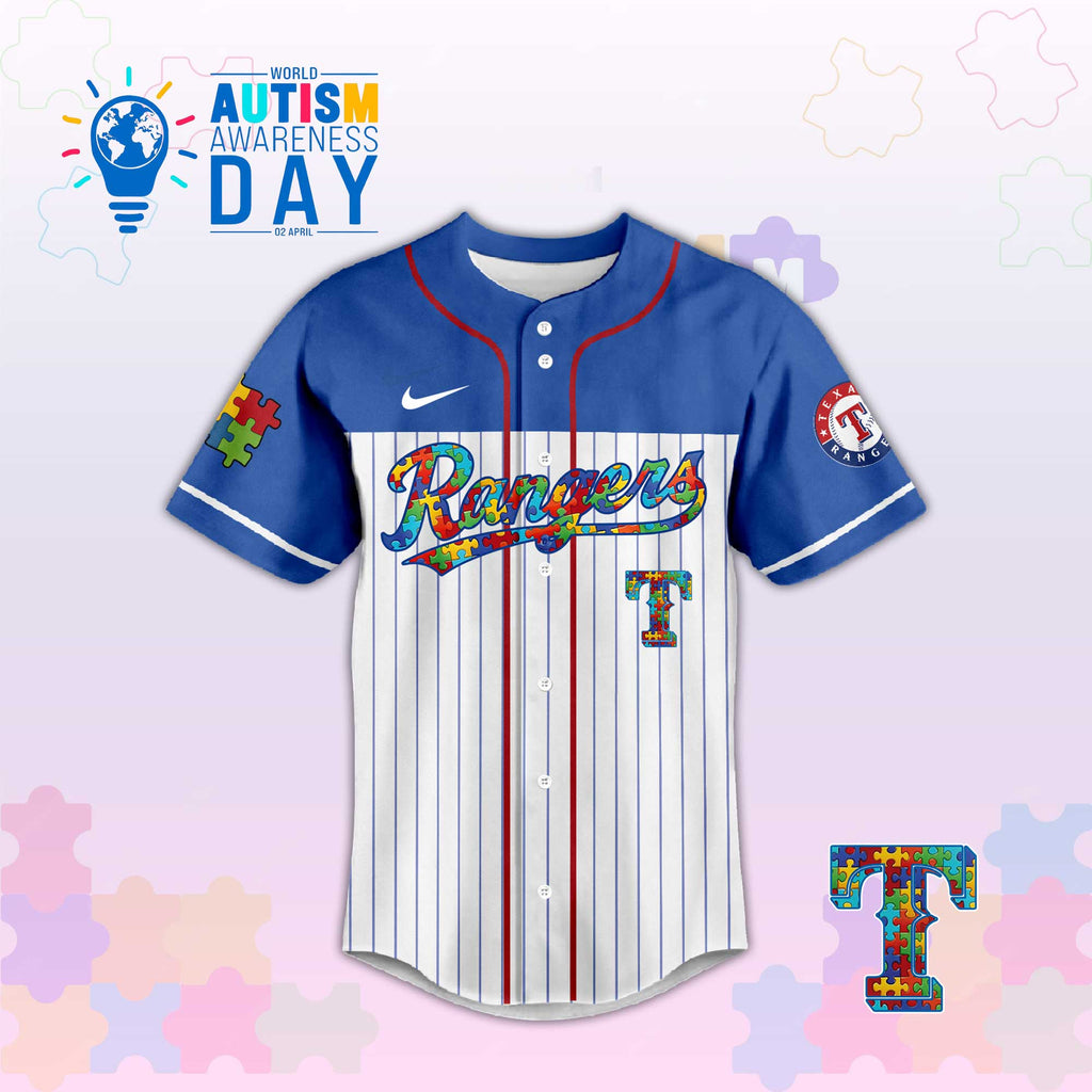 T.Rangers In April We Wear Blue Autism Baseball Jersey.