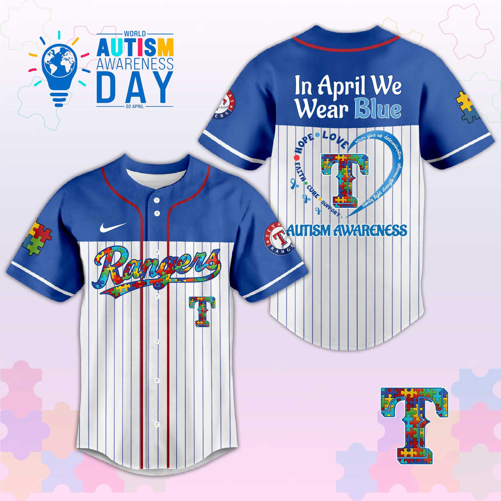 T.Rangers In April We Wear Blue Autism Baseball Jersey.