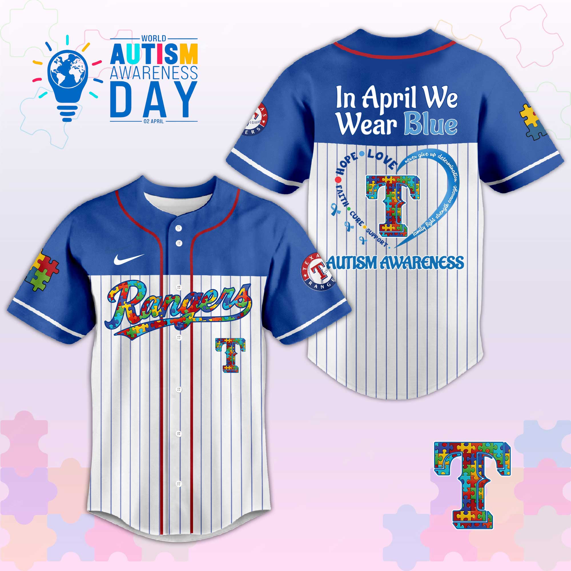 T.Rangers In April We Wear Blue Autism Baseball Jersey.