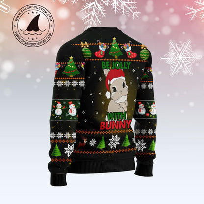 Rabbit Be Jolly With Bunny Ugly Christmas Sweater, Bunny Santa Hat Christmas Pattern Ugly Sweater, Rabbit Christmas Crewneck Knitted Ugly Sweater