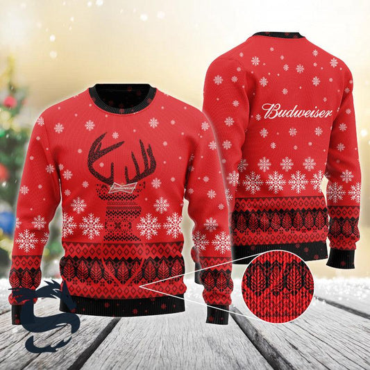 Red Budweiser Reindeer Snowy Christmas Ugly Sweater, Budweiser Beer Christmas Ugly Sweater, Budweiser Beer Christmas Aop Crew Neck Ugly Sweater