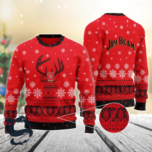 Red Jim Beam Reindeer Snowy Christmas Ugly Sweater, Jim Beam Bourbon Whiskey Christmas Ugly Sweater, Jim Beam Christmas Aop Crew Neck Ugly Sweater