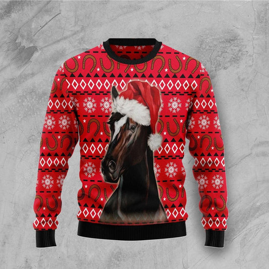 Santa Horse Christmas Pattern Red Ugly Sweater, Horse Santa Hat Christmas All-over Printed Ugly Sweater, Horse Lover Xmas Knitted Ugly Sweater