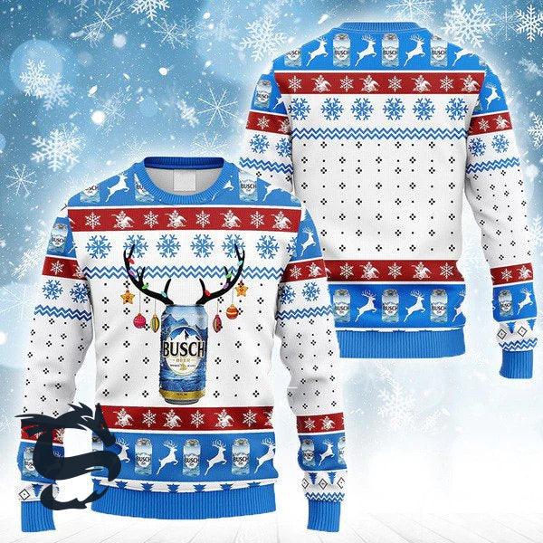 Reindeer Busch Beer Antler Christmas Lights Ugly Sweater, Busch Beer All-over Print Blue Ugly Sweater, Busch Beer Crewneck Knitted Ugly Sweater