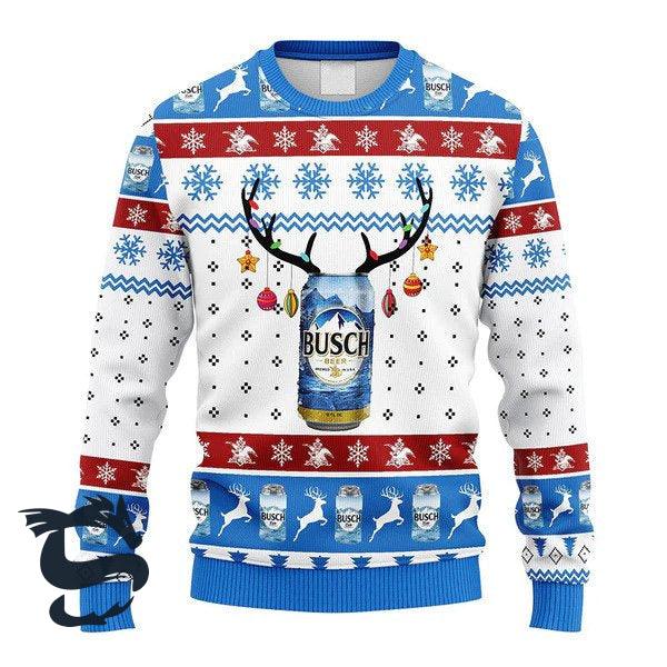 Reindeer Busch Beer Antler Christmas Lights Ugly Sweater, Busch Beer All-over Print Blue Ugly Sweater, Busch Beer Crewneck Knitted Ugly Sweater