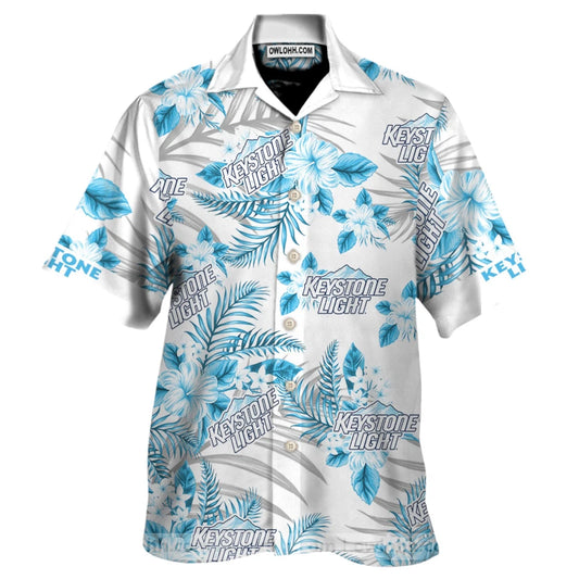 Keystone Light Blue Tropical Floral White Hawaiian Shirt, Keystone Light Button-up Short Sleeve Shirt, Keystone Light Men Casual Hawaiian Shirt