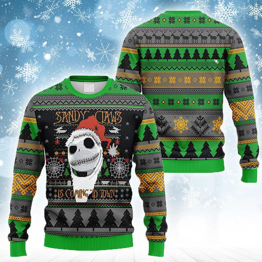 Sandy Claws Is Coming To Town Ugly Christmas Sweater, Santa Jack Skellington Nightmare Before Christmas Ugly Sweater, Christmas Crewneck Ugly Sweater