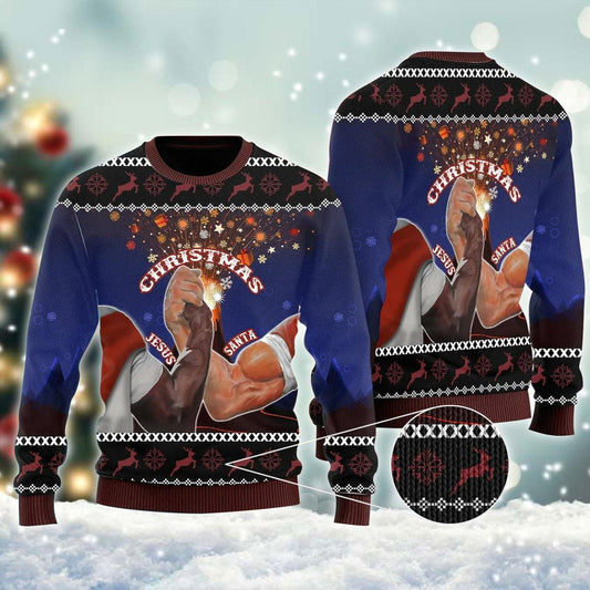Christmas Santa And Jesus Ugly Christmas Sweater, Funny Santa And Jesus Arm Wrestling Ugly Sweater, Merry Christmas Holiday Crew Neck Ugly Sweater