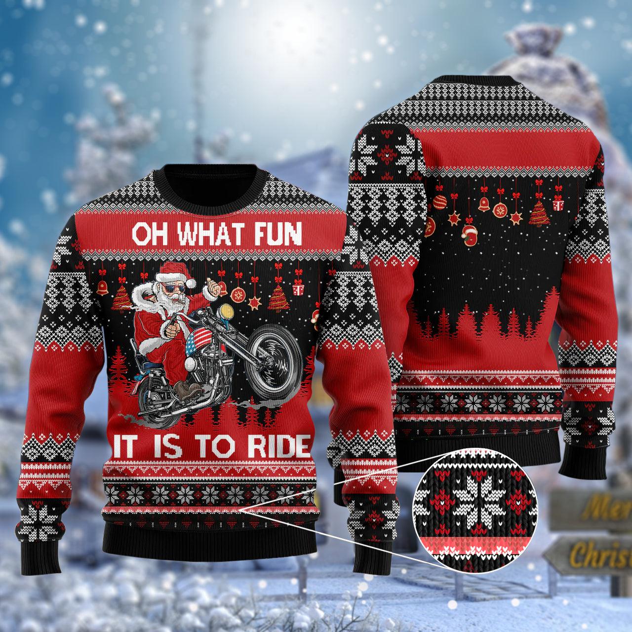 Motorcycle Santa Oh What Fun It Is To Ride Ugly Christmas Sweater, Funny Santa Rider Christmas Ugly Sweater, Christmas Holiday Crewneck Ugly Sweater