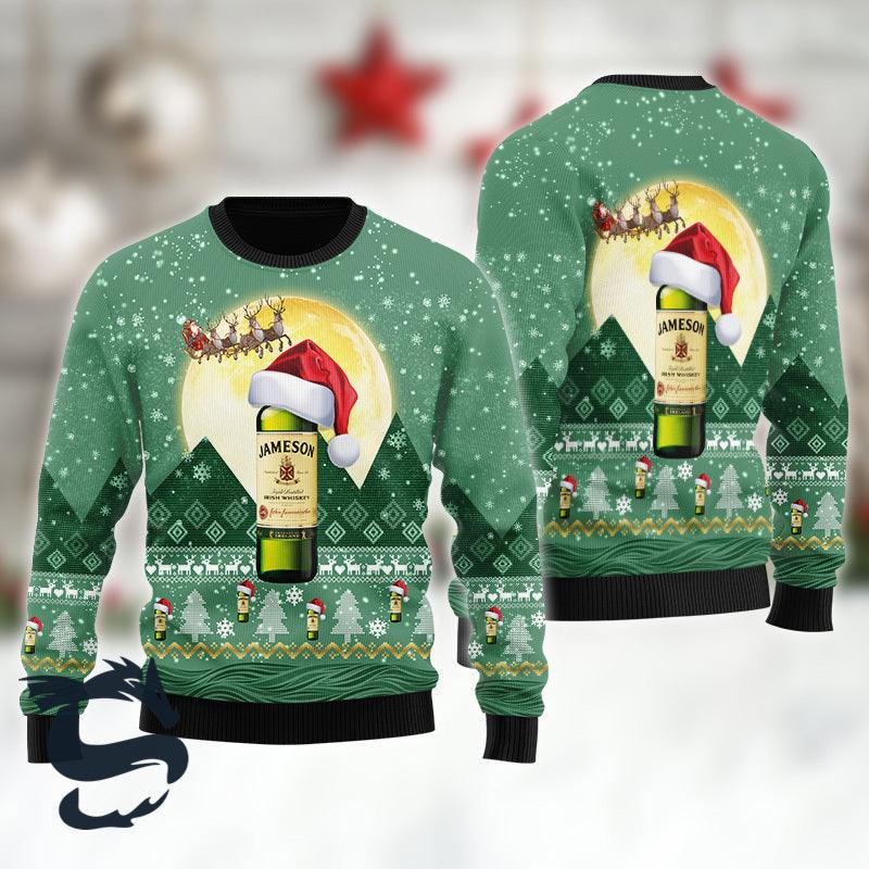 Jameson Irish Whiskey Santa Claus Sleigh Green Ugly Christmas Sweater, Jameson Irish Whiskey Xmas Ugly Sweater, Jameson Aop Crewneck Ugly Sweater