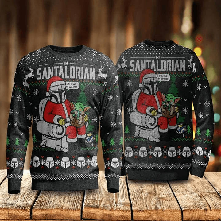 Funny The Santalorian And Baby Yoda Ugly Christmas Sweater, Santa Din Djarin And Grogu Ugly Sweater, Star Wars Lovers Christmas Crew Neck Ugly Sweater