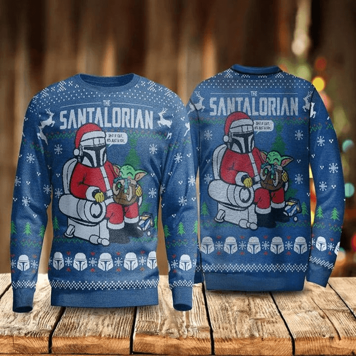 Funny The Santalorian And Baby Yoda Ugly Christmas Sweater, Santa Din Djarin And Grogu Ugly Sweater, Star Wars Lovers Christmas Crew Neck Ugly Sweater