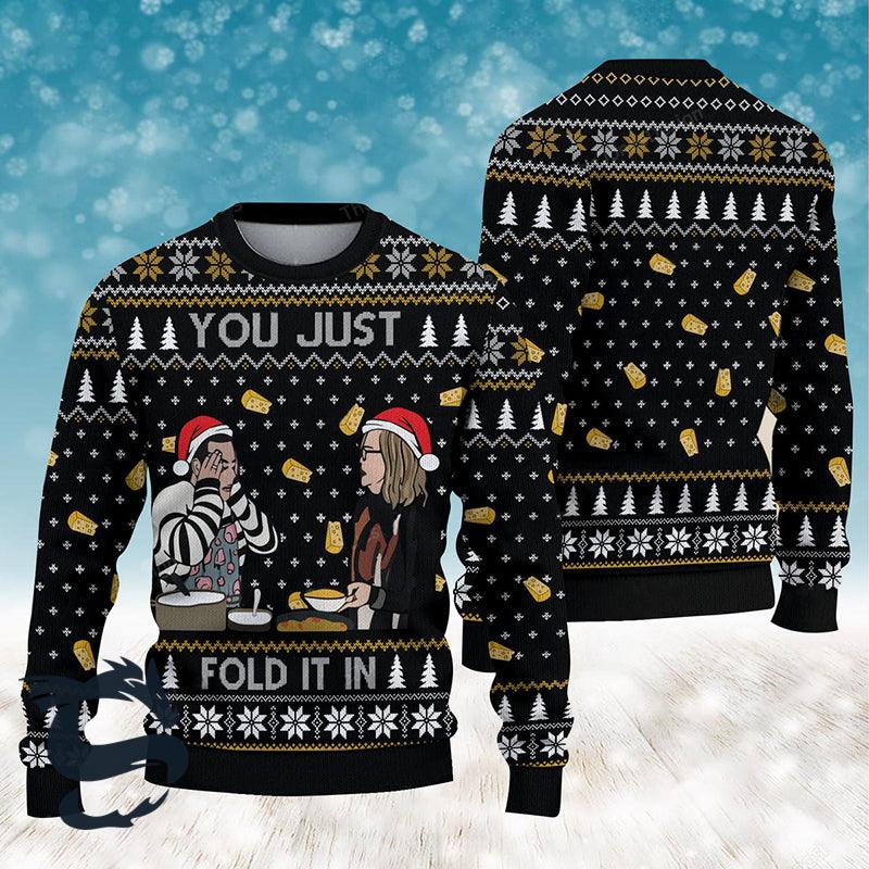 Schitts Creek You Just Fold It In Ugly Christmas Sweater, Schitts Creek Funny Quotes Christmas Ugly Sweater, Schitts Creek Crew Neck Ugly Sweater