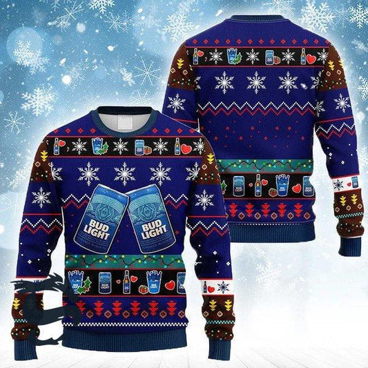 Snowflakes Bud Light Christmas Ugly Sweater, Christmas Cheers Bud Light Beer Ugly Sweater, Bud Light Beer Lovers Christmas Crew Neck Ugly Sweater